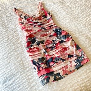 Pink floral satin ruched dress